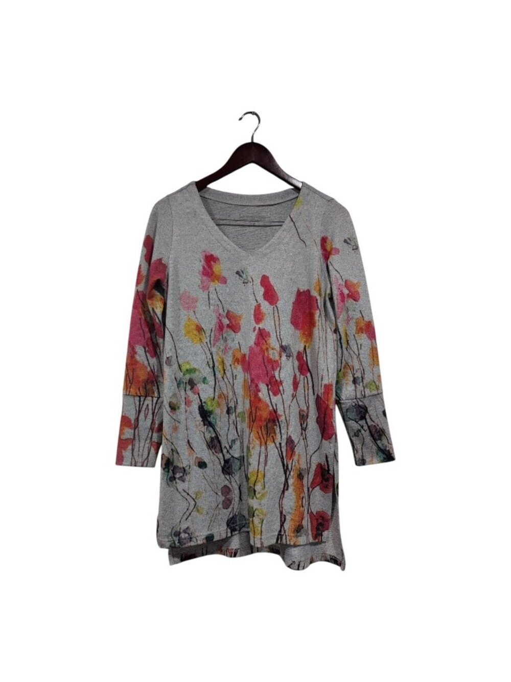 Soft Surroundings Knit Tunic Top Watercolor Floral Poppy Fields Gray Size XS